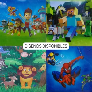 Diseños disponibles de caja sorpresa packcage: patrulla, aventuras, jungla y superhéroes