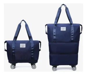 Bolso de viaje azul marino en tamaño compacto y expandido con ruedas