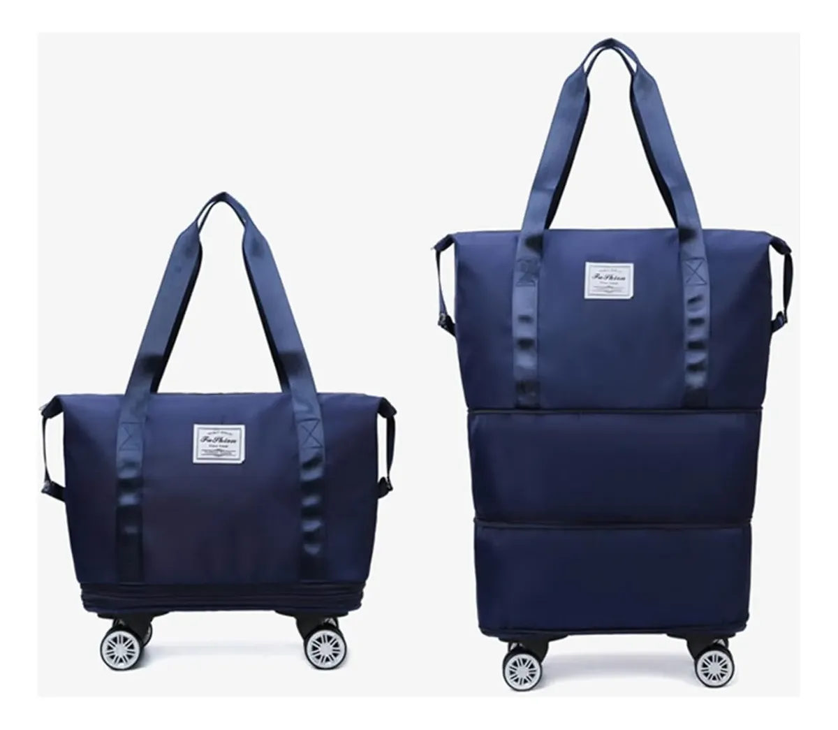 Bolso de viaje azul marino en tamaño compacto y expandido con ruedas