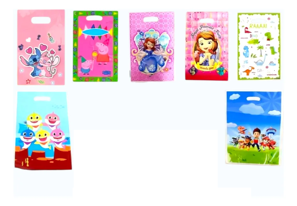 Variantes disponibles de bolsas de cotillón infantiles con distintos personajes