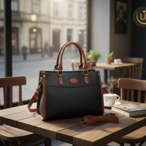 Bolso cartera negro con asas y correa marrón de cuero sintético sobre mesa de café