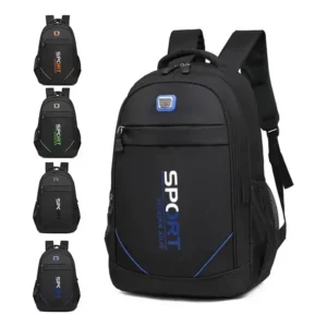 Mochila deportiva negra Sport para caballero con detalles en naranja, verde, gris y azul, vista de las 4 opciones y frontal principal
