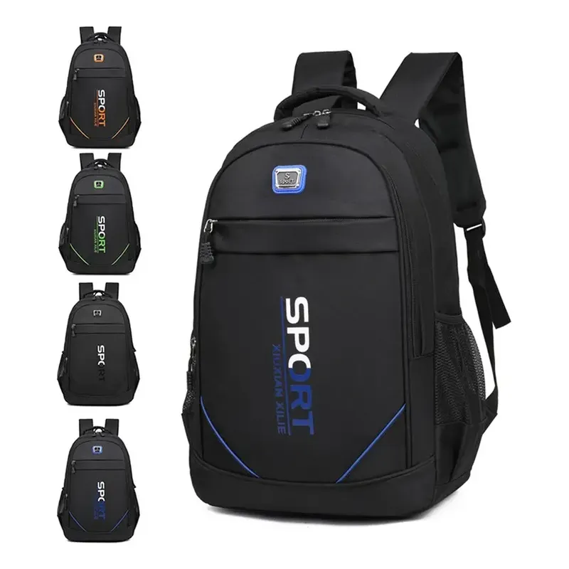 Mochila deportiva negra Sport para caballero con detalles en naranja, verde, gris y azul, vista de las 4 opciones y frontal principal