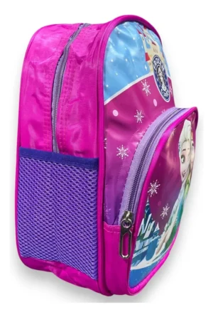 Morral mochila escolar preescolar diseño Frozen, vista lateral con bolsillo de malla