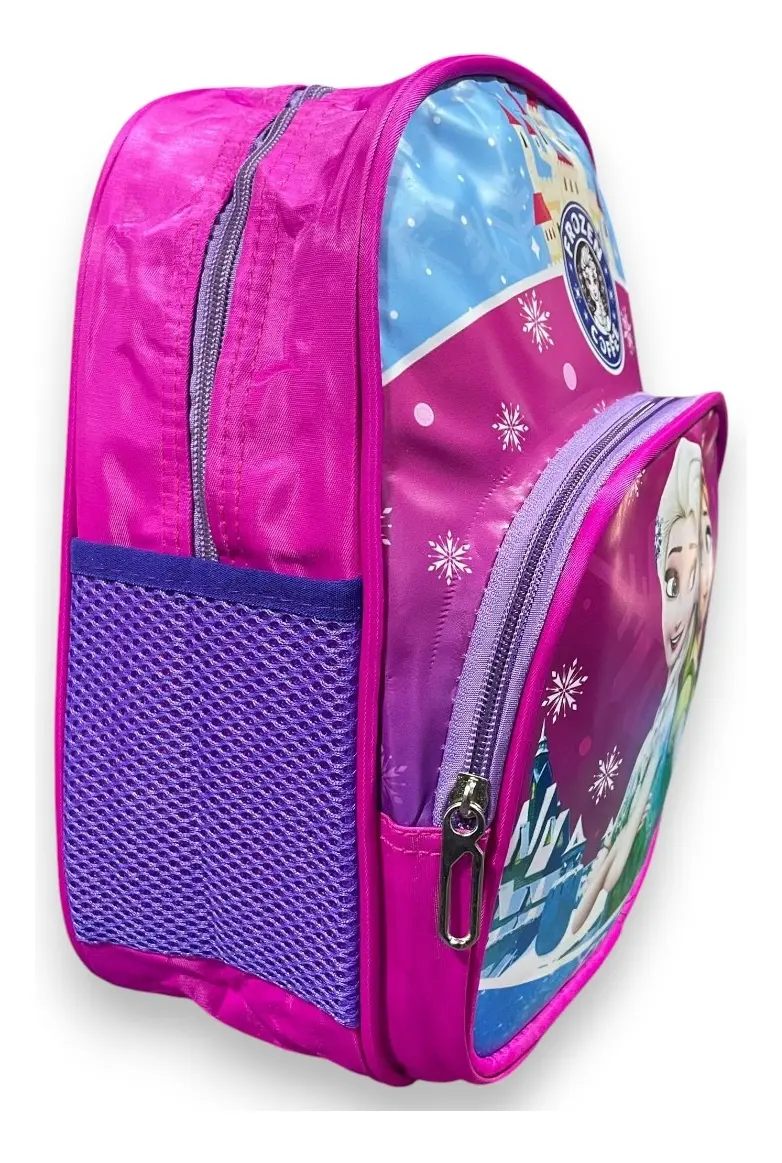 Morral mochila escolar preescolar diseño Frozen, vista lateral con bolsillo de malla