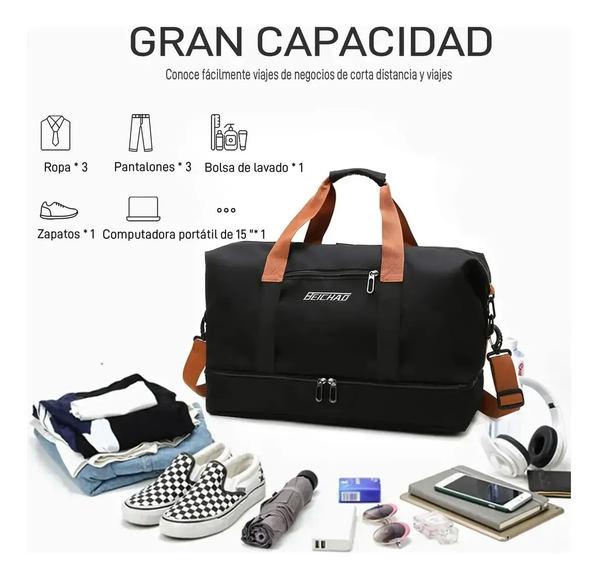 Bolso maletín viajero de gran capacidad con ejemplos de ropa, zapatos y computadora portátil que puede contener