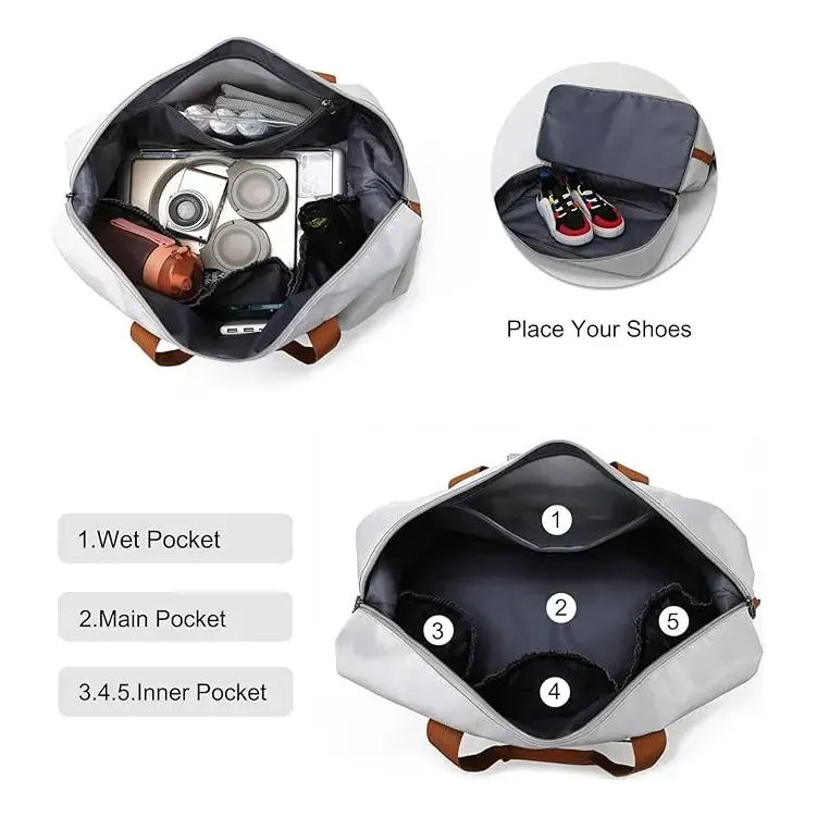 Interior del bolso maletín viajero mostrando sus compartimentos: bolsillo húmedo, bolsillo principal y bolsillos internos