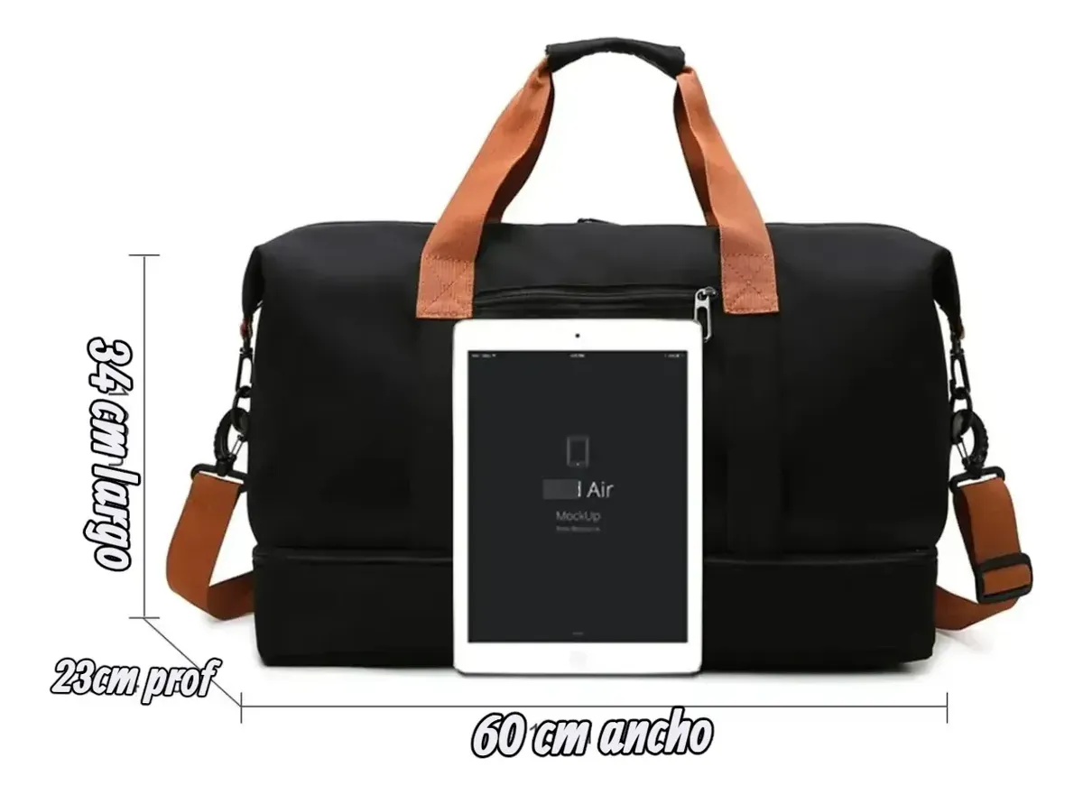 Bolso maletín viajero impermeable en color negro con medidas 34cm de largo, 60cm de ancho y 23cm de profundidad