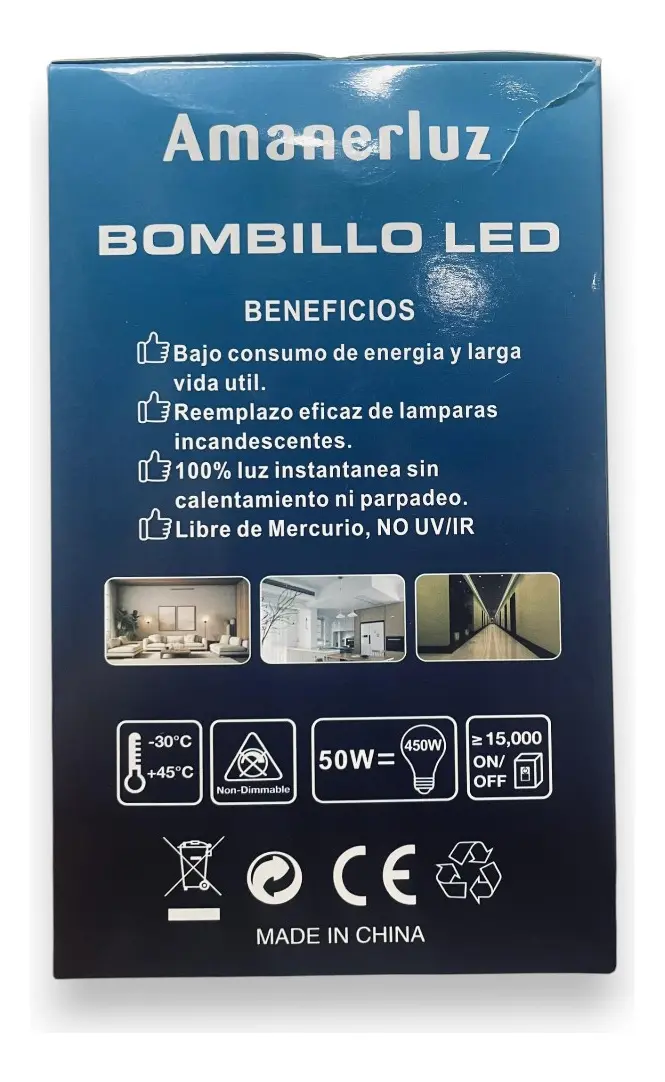 Caja de bombillo LED Amanerluz 50W con beneficios de bajo consumo y larga vida útil