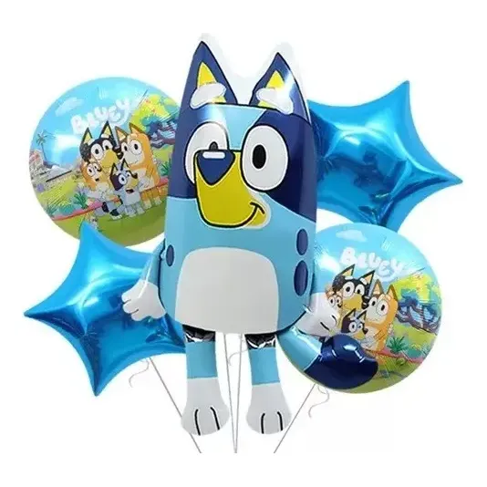Ramillete de globos Bluey con figura, estrellas y globos redondos estampados