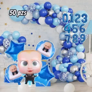 Arco de globos azul Jefe en Pañales con número metalizado y figura gigante del bebé