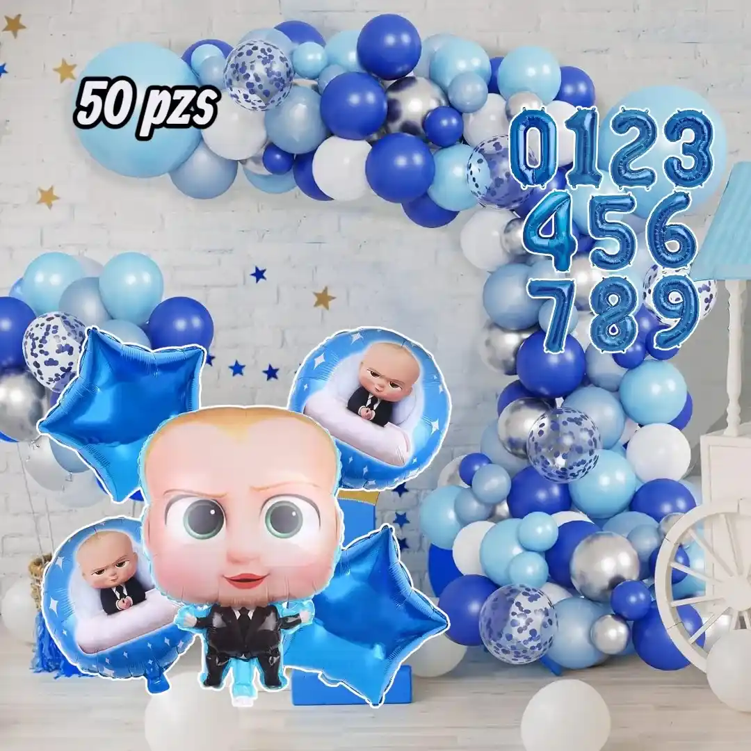 Arco de globos azul Jefe en Pañales con número metalizado y figura gigante del bebé