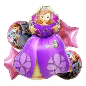 Combo Globos Princesa Sofia Niñas Fiesta Set Arco 2 Ramillete de globos Princesa Sofía con figura, estrellas rosadas y globos redondos estampados