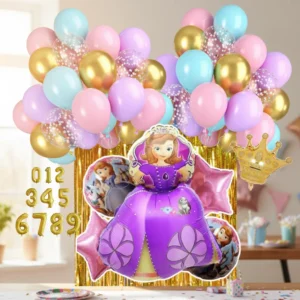 Arco de globos rosa, morado, turquesa y dorado con figura de Princesa Sofía, corona y números