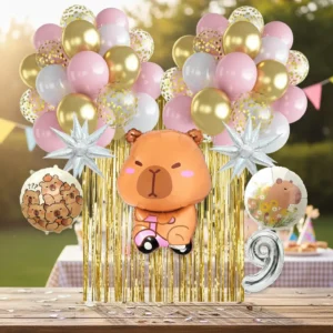 Arco de globos capibara en rosa, dorado y blanco con estrellas plateadas y número 9