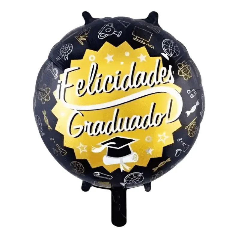 Globo metalizado redondo negro y dorado con frase Felicidades Graduado