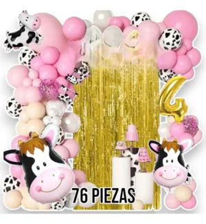 Combo de globos vaquita armado con arco rosa y dorado, cabezas de vaca y cortina metalizada, 76 piezas