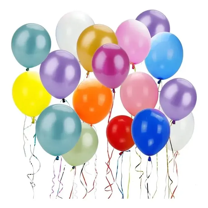 Globos de látex R12 mate en tonos pastel y vivos con cintas, sobre fondo blanco