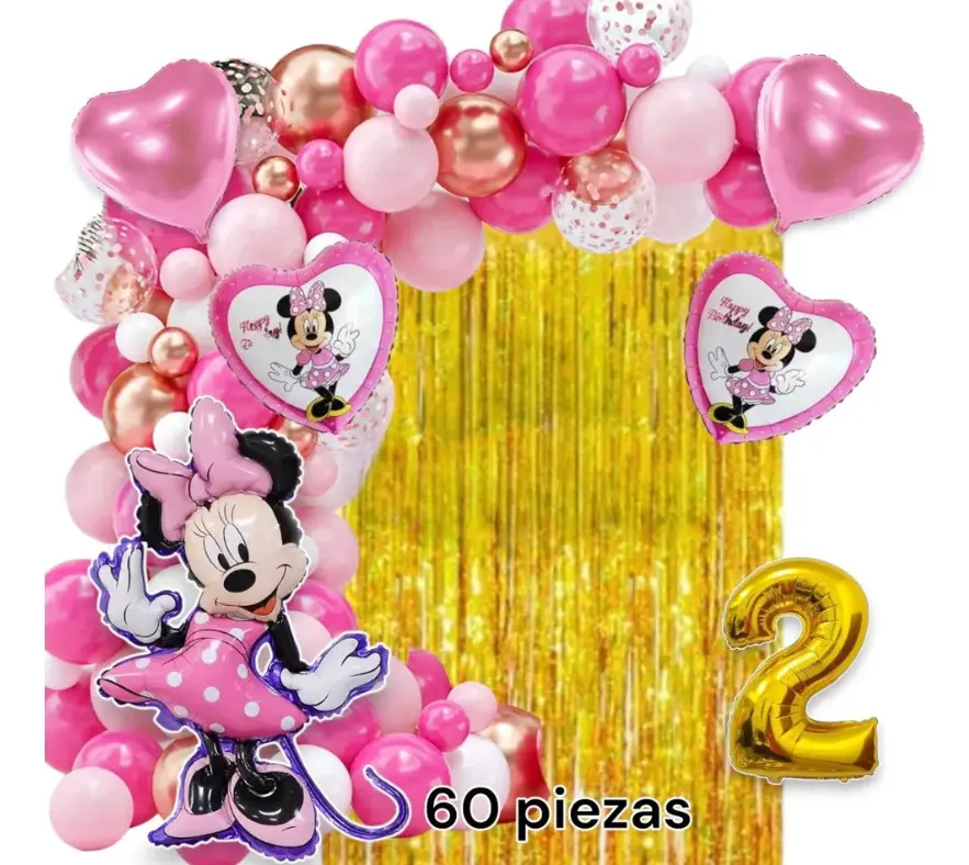 Arco de globos Minnie Mouse en rosa y dorado con corazones y cortina metalizada