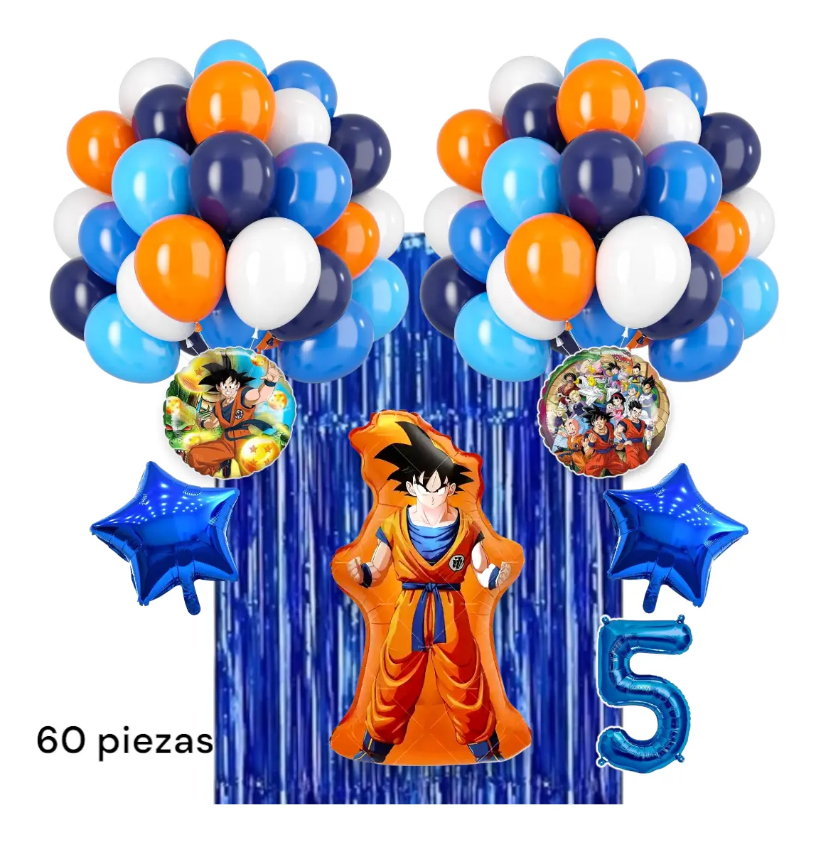 Arco de globos azul, naranja y blanco con figura de Goku y número 5 temática Dragon Ball
