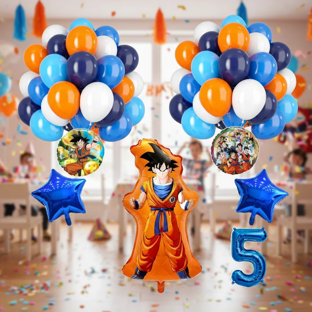 Ambientación de fiesta con globos temática Dragon Ball Goku, arco azul y naranja