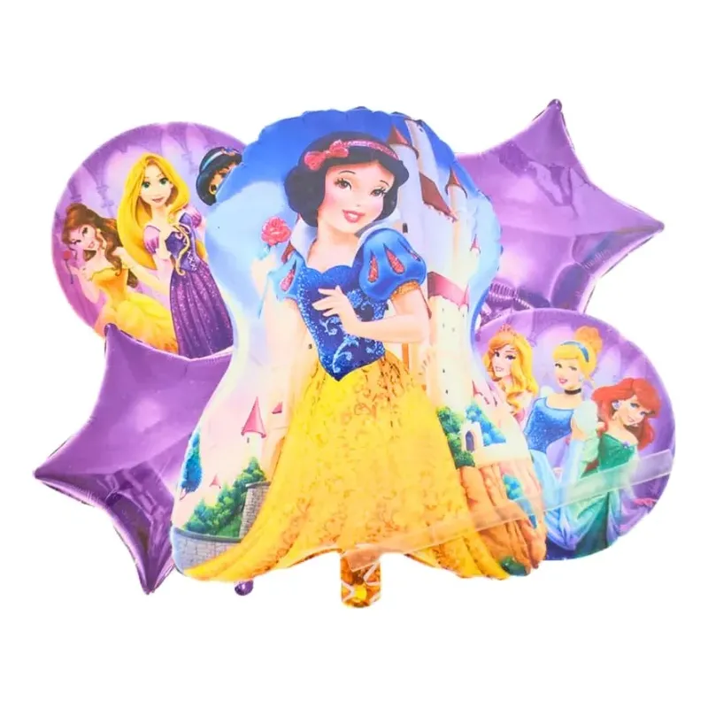Globo figura grande Blancanieves con globos redondos de Princesas Disney y estrellas moradas