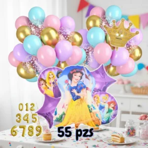 Arco de globos Princesas Disney en pastel con figura de Blancanieves y corona dorada