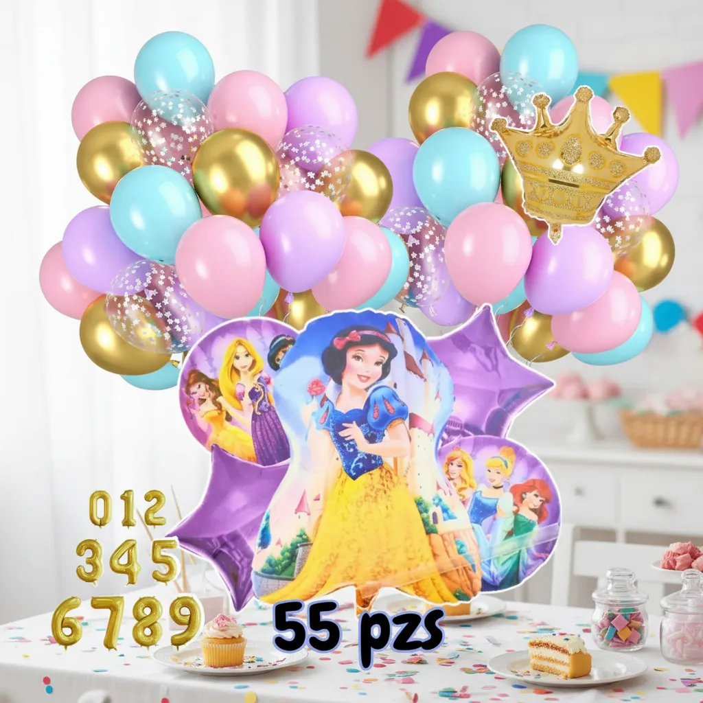 Arco de globos Princesas Disney en pastel con figura de Blancanieves y corona dorada