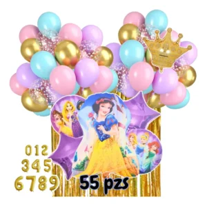 Combo de globos Blancanieves y Princesas Disney 55 piezas con corona y cortina metalizada
