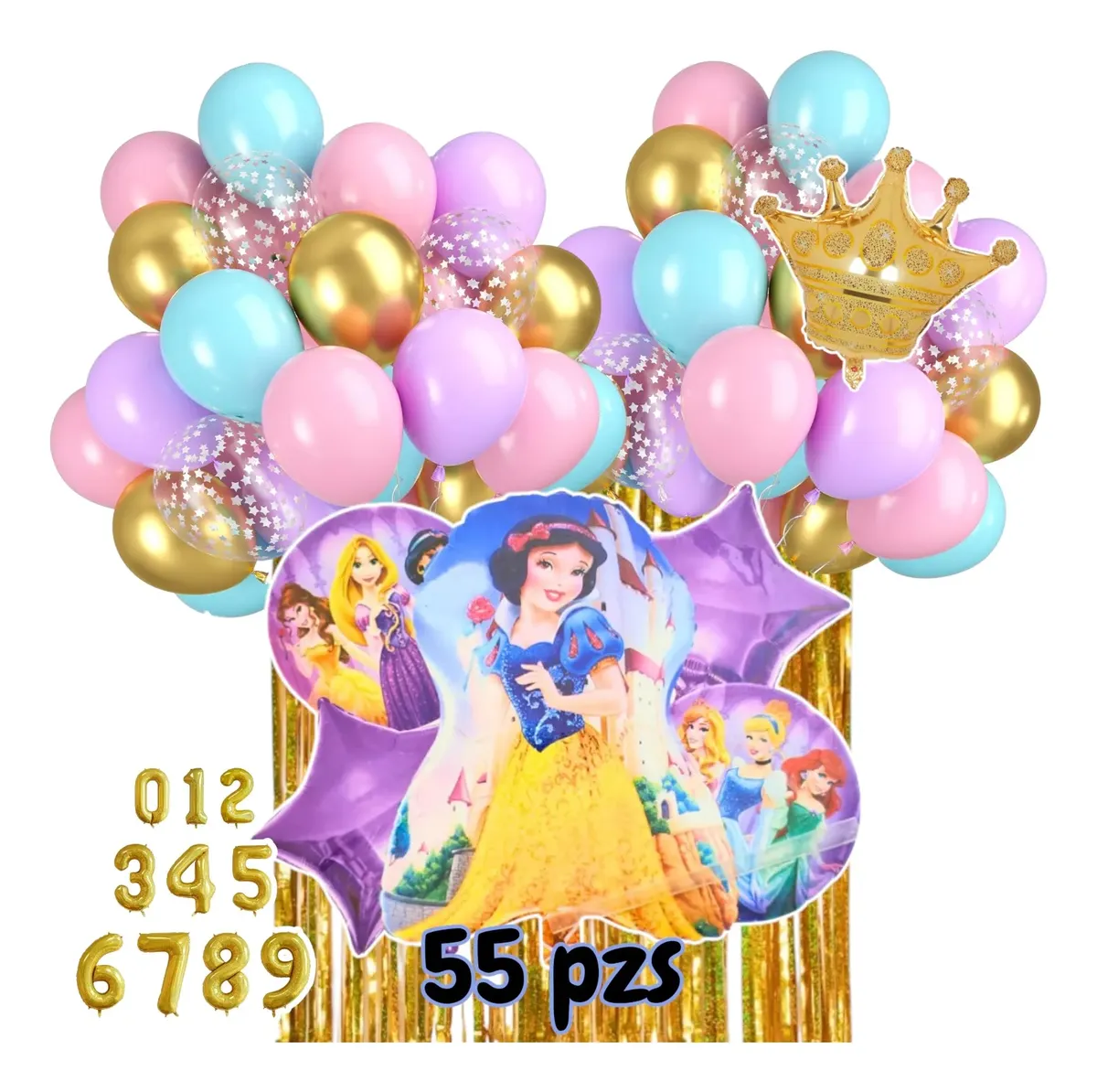 Combo de globos Blancanieves y Princesas Disney 55 piezas con corona y cortina metalizada