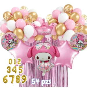 Kit de globos My Melody 74 piezas con guirnalda rosa, dorada y blanca, figura y números