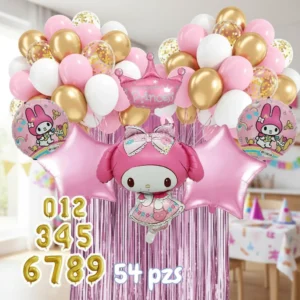 Decoración de fiesta My Melody con guirnalda de globos rosa y dorado, cortina metalizada y figura