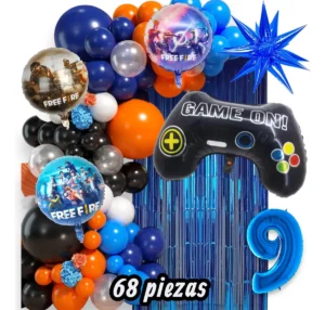 Arco de globos Free Fire gamer en azul, negro y naranja con control y número 9