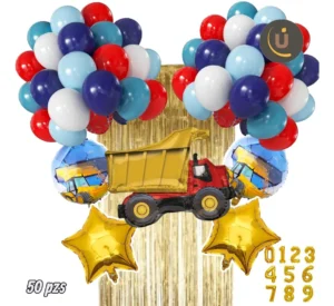 Combo de globos camión volteo 50 piezas con estrellas doradas y globos redondos