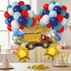 Arco de globos camión volteo en azul, rojo y dorado con estrellas y números