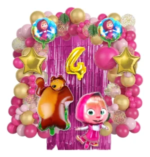 Arco de globos rosa y dorado de Masha y el Oso con figuras gigantes y número dorado