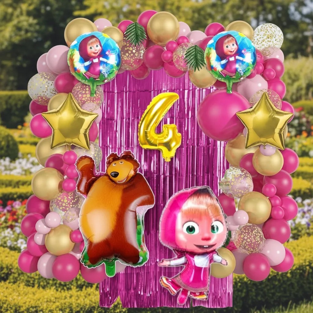 Arco de globos Masha y el Oso con cortina metalizada rosa y estrellas doradas