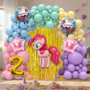 Arco de globos My Little Pony pastel con figura de Pinkie Pie y número dorado