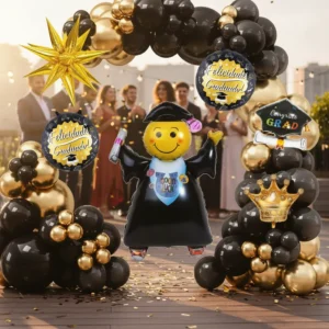 Arco de globos negro y dorado para graduación con figura emoji graduado y globos Felicidades Graduado