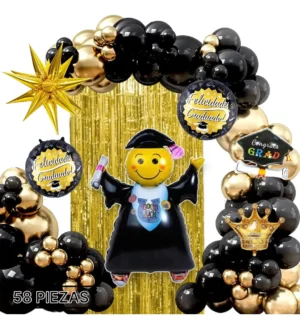 Kit de 58 piezas de globos para fiesta de graduación con cortina metalizada dorada y corona