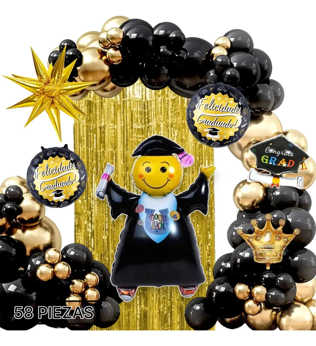 Kit de 58 piezas de globos para fiesta de graduación con cortina metalizada dorada y corona