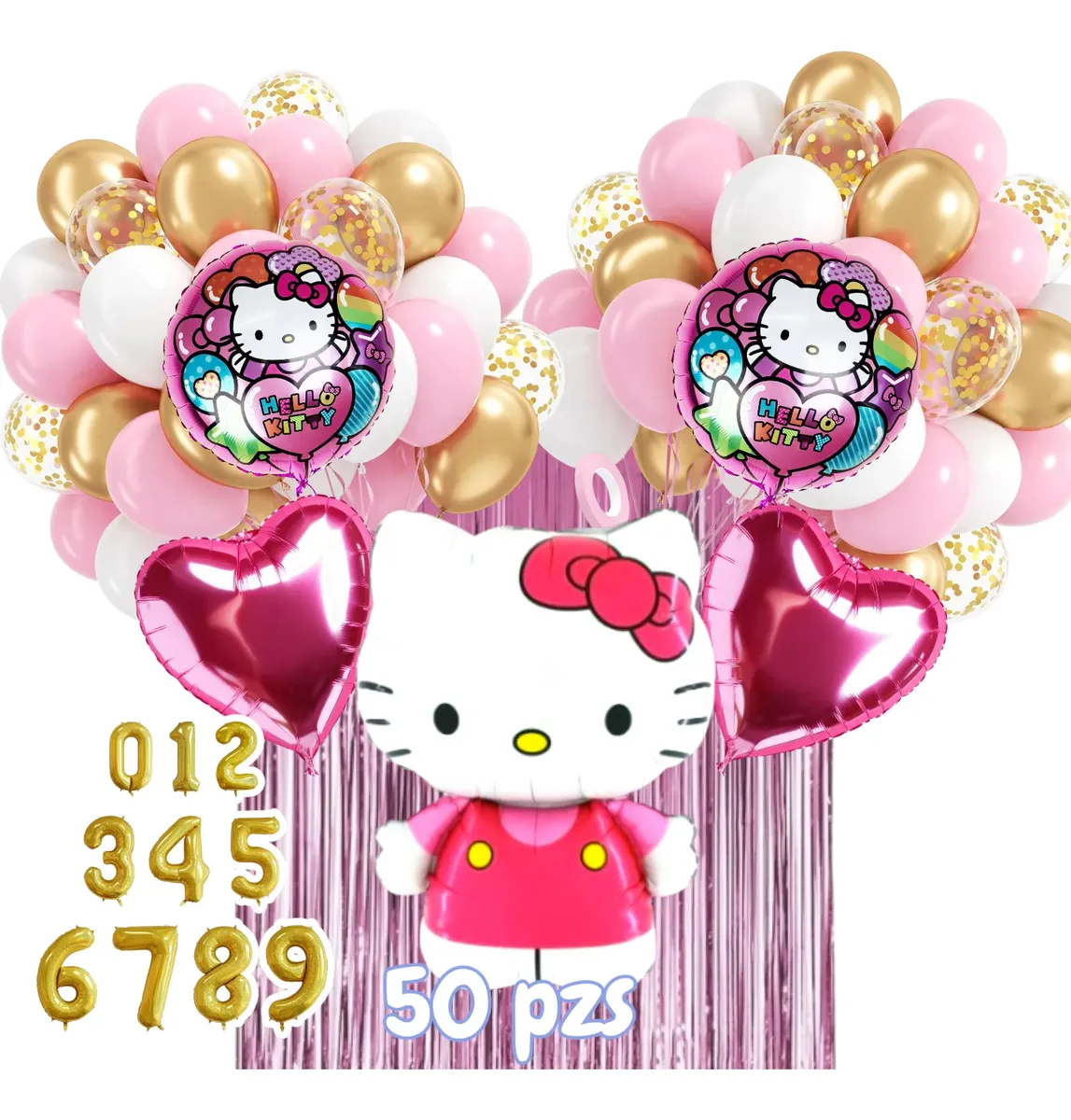Set de globos Hello Kitty 50 piezas con figura grande, corazones y números dorados