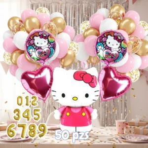 Arco de globos Hello Kitty en rosa y dorado con figura grande y corazones fucsia