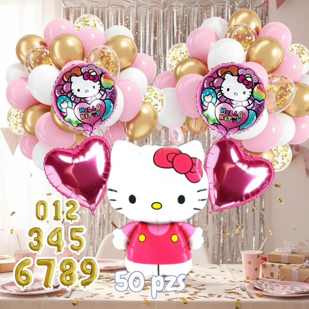 Arco de globos Hello Kitty en rosa y dorado con figura grande y corazones fucsia