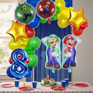 Arco de globos Mario Bros con figuras de Mario y Luigi, estrellas doradas y número azul