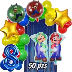 Arco de globos Mario Bros con figuras de Mario y Luigi, estrellas doradas y número azul