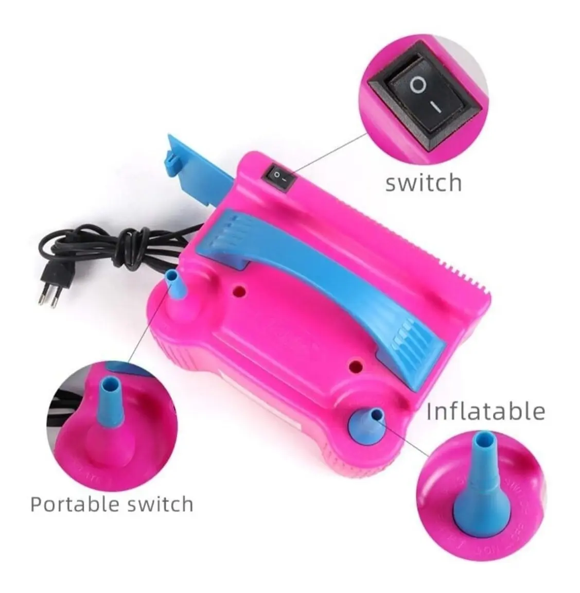 Detalle del switch y las boquillas del inflador de globos eléctrico