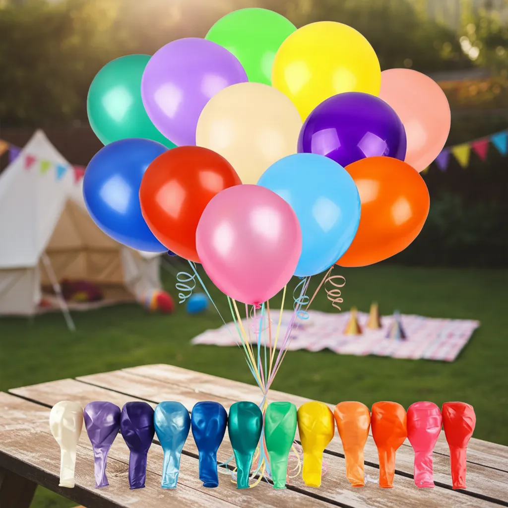 Ramo de globos de látex R12 mate de colores surtidos decorando un picnic al aire libre