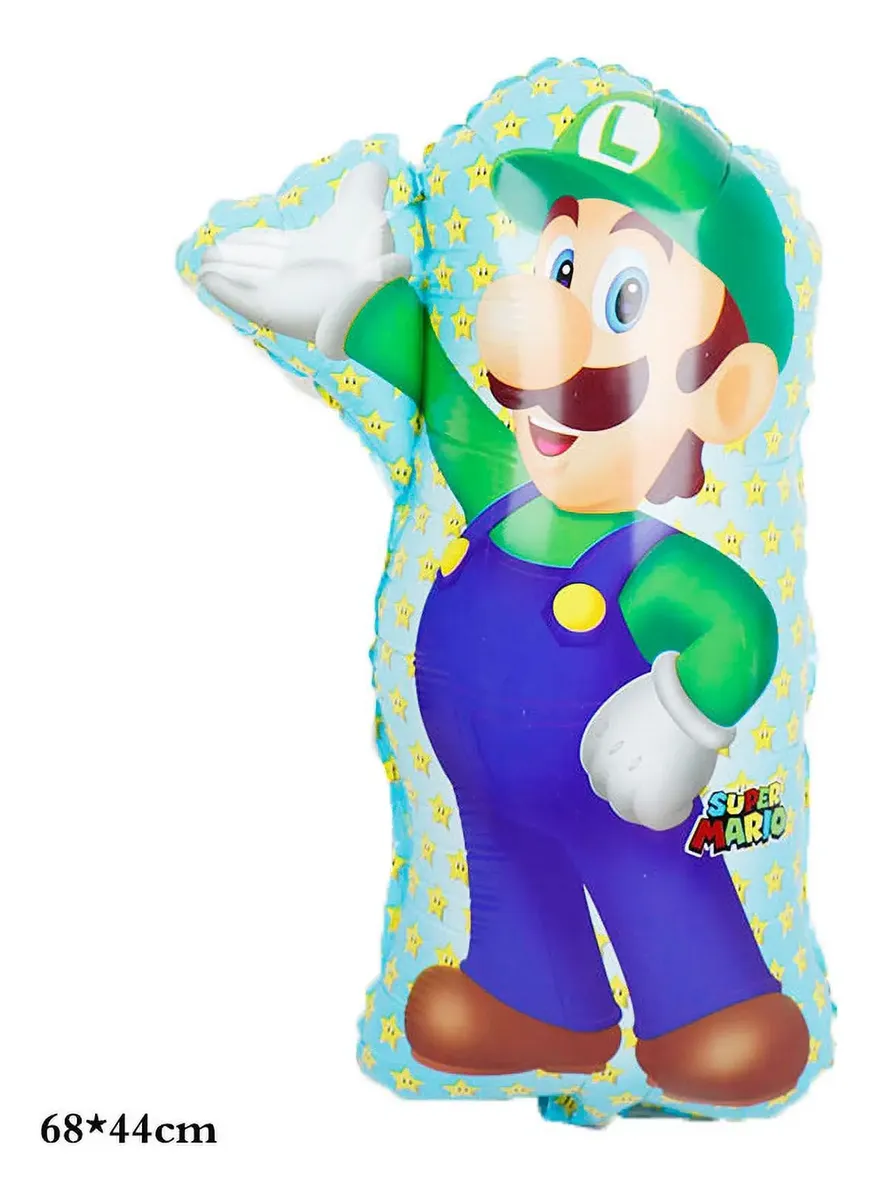 Globo metalizado figura completa de Luigi de pie con fondo celeste