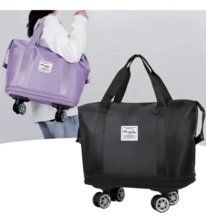 Bolso de viaje expandible en colores lila y negro, uno llevado al hombro y otro con ruedas